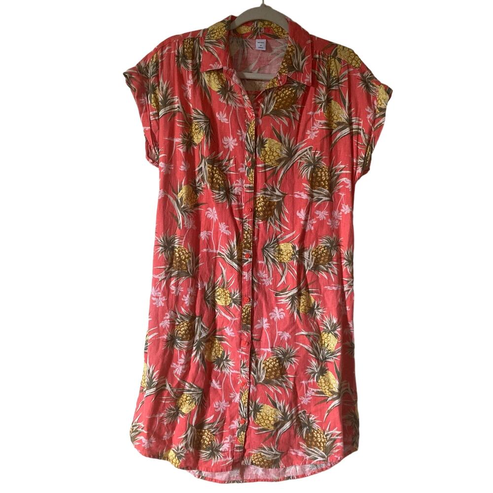 Old Navy Linen Blend Pineapple Tropical Print Shirt Dress Medium Beach Vacay - Picture 2 of 11